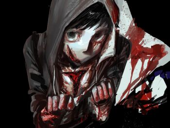 1boy arms_up black_eyes bleeding blood blood_on_face blood_on_hands blood_on_wall bloodshot_eyes c1grhin cry_of_fear deep_wound fisheye grey_hoodie highres holding holding_knife hood hood_up hoodie implied_self-harm injury knife looking_at_viewer male_focus simon_henriksson solo wide-eyed wrist_cutting