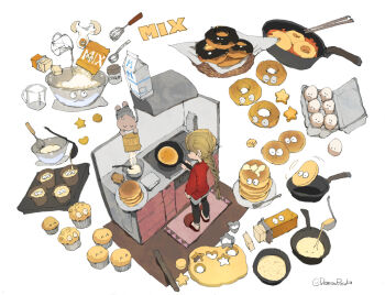 1girl braid braided_ponytail butter commentary_request cooking cracked_egg demizu_posuka donut egg food horns long_hair muffin original pancake twitter_username