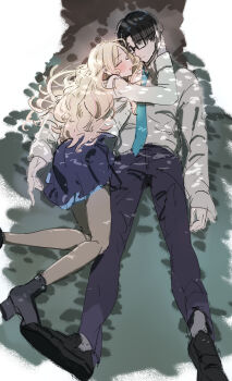 Rule 34 | 1boy, 1girl, aqua necktie, black-framed eyewear, black hair, blonde hair, blue overskirt, blue skirt, commentary request, gakuen idolmaster, glasses, grey pantyhose, hatsuboshi gakuen school uniform, hetero, highres, idolmaster, jacket, juo sena, kasasagi (futagodori888), lying, necktie, on back, on ground, on side, outdoors, pantyhose, pink streaks, producer (idolmaster), school uniform, skirt, sleeping, white jacket