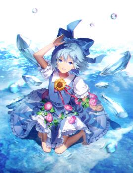 Rule 34 | 1girl, :d, barefoot, blue bow, blue dress, blue eyes, blue hair, bow, cirno, dress, female focus, flower, frilled sleeves, frills, full body, hair between eyes, hair bow, hidden star in four seasons, highres, ice, ice wings, kneeling, looking at viewer, morning glory, open mouth, puffy short sleeves, puffy sleeves, short hair, short sleeves, smile, solo, sunakumo, sunflower, tan, tanned cirno, touhou, wings
