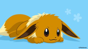 :3 animal_focus artist_request blue_background closed_mouth commentary_request copyright_name copyright_notice eevee flat_color gen_1_pokemon highres lying nintendo no_humans official_art pokemon pokemon_(creature) pokemon_focus second-party_source shadow simple_background smile solo