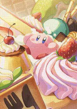 animated animated_gif anko2552 blue_eyes blush_stickers cake cake_slice cherry colored_skin cookie creature donut eating food fruit happy kirby kirby's_dream_buffet kirby_(series) looping_animation nintendo no_humans open_mouth pink_skin pudding smile solo strawberry