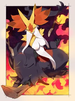 1girl absurdres black_fur border breasts broom broom_riding delphox fire floating floating_object furry furry_female gen_6_pokemon highres kame_(3t) looking_at_viewer mega_delphox mega_pokemon multicolored_fur nintendo nipples pokemon pokemon_(creature) red_fur smile solo squatting stick telekinesis yellow_fur