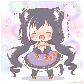 Rule 34 | 1girl, ^ ^, afterimage, animal ear fluff, animal ears, black hair, black pantyhose, blue sleeves, blush stickers, boots, brown boots, cat ears, cat girl, cat tail, chibi, closed eyes, commentary request, crepe, detached sleeves, ear wiggle, facing viewer, fold-over boots, food, food on face, fruit, heart, heart in mouth, holding, holding food, karyl (princess connect!), long hair, long sleeves, low twintails, mitarashi neko, motion lines, multicolored hair, pantyhose, princess connect!, purple skirt, ribbon-trimmed skirt, ribbon trim, shadow, skirt, solo, speed lines, standing, strawberry, streaked hair, tail, translation request, twintails, very long hair, white hair, wide sleeves