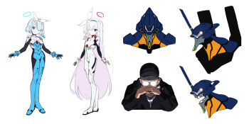 2girls alternate_costume arona_(blue_archive) ayanami_rei ayanami_rei_(cosplay) blue_archive blue_eyes blue_hair bodysuit breasts cosplay eva_01 grey_eyes grey_hair highres ikari_gendou ikari_gendou_(cosplay) ikari_shinji ikari_shinji_(cosplay) kim_yongha mecha_pilot_suit multicolored_hair multiple_girls nasan_(coldtime) neon_genesis_evangelion pink_hair plana_(blue_archive) plugsuit_(evangelion) small_breasts thighs two-tone_hair