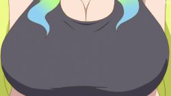 animated anime_screenshot big_breasts blonde_hair blue_hair breast_focus breasts cleavage highres kobayashi-san_chi_no_maidragon lucoa_(maidragon) multicolored_hair pov pov_focus shirt solo sound sports_bra tagme video
