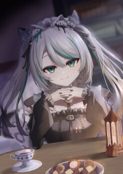 animal_ears black_sky braid braided_sidelocks cake cheek_rest copyright_request cross-laced_clothes cross-laced_sleeves dessert food frilled_straps fuzzy_clothes grey_nails grey_tail highres hinamori_anthea holding holding_saucer indie indie_virtual_youtuber leopard_ears leopard_tail maid nata_(tool) non-web_source red_pupils saucer sky snow_leopard_tail strawberry_shortcake tail teapot virtual wallpaper_(object)
