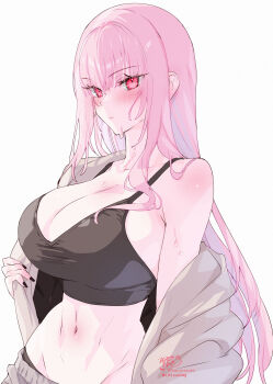 1girl absurdres artist_name black_nails black_tank_top blush breasts cleavage closed_mouth collarbone commentary fingernails grey_pants hair_between_eyes highres hip_bones hololive hololive_english hood hoodie kamiya_maneki large_breasts long_hair midriff mori_calliope nail_polish navel pants pink_eyes pink_hair pink_lips signature simple_background single_bare_shoulder solo stomach sweat tank_top twitter_username virtual_youtuber white_background white_hoodie