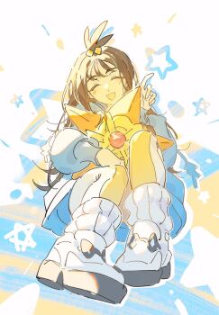 1girl black_hair blue_hoodie blush closed_eyes cube_hair_ornament gen_1_pokemon hair_ornament holding holding_pokemon hood hoodie jacket krg_0603 leggings lida_(pokemon) long_hair long_sleeves nintendo open_mouth orange_leggings pokemon pokemon_(creature) pokemon_legends:_z-a ribbed_socks shoes smile socks star_(symbol) staryu topknot two-tone_legwear white_leggings wispy_bangs
