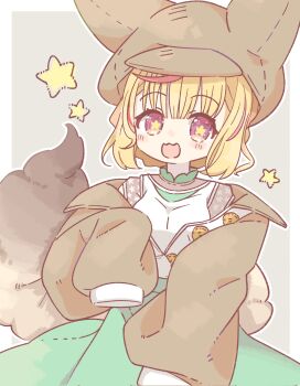 1girl :3 animal_ear_headwear blonde_hair brown_jacket choko_min corrupted_twitter_file cowboy_shot fake_animal_ears fox_girl fox_tail green_skirt grey_background high-waist_skirt highres hololive jacket light_blush omaru_polka omaru_polka_(casual) open_mouth purple_eyes shirt short_hair skirt sleeves_past_fingers sleeves_past_wrists smile solo star-shaped_pupils star_(symbol) symbol-shaped_pupils tail virtual_youtuber white_shirt