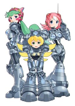 3girls bent_over blonde_hair blue_eyes blush cinnamon_(mega_man) full_body green_eyes green_hair group_picture hypericum_(mppv1862) long_hair marino_(mega_man) medium_hair mega_man_(series) mega_man_x:_command_mission mega_man_x_(series) multicolored_hair multiple_girls nana_(mega_man_x:_command_mission) pink_hair robot_girl shirt simple_background standing streaked_hair two-tone_hair white_background white_shirt