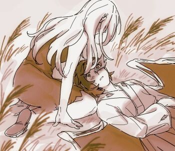 Rule 34 | 2girls, blush, breasts, closed mouth, commentary, dress, english commentary, half mask, iwanaga ariya, long hair, long sleeves, lying, mask, mask over one eye, monochrome, multiple girls, nekolina, on back, outdoors, sandals, shirt, sitting, skeletal wings, sleeveless, sleeveless dress, small breasts, smile, sweatdrop, touhou, wide sleeves, wings, yuiman asama, yuri