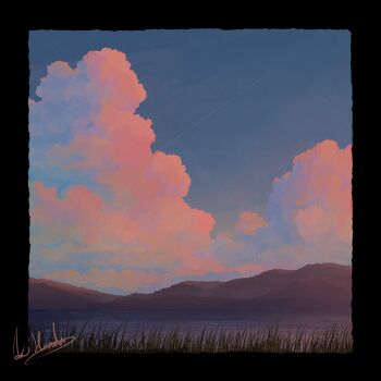 alu.m_(alpcmas) black_border blue_sky border cloud cloudy_sky commentary_request contrail evening grass highres hill lake landscape no_humans original outdoors scenery signature sky sky_focus