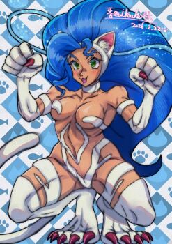 1girl aikoukaak animal_ears animal_hands blue_hair breasts cat_ears cat_girl cat_tail dark-skinned_female dark_skin darkstalkers felicia_(darkstalkers) green_eyes large_breasts long_hair squatting tail very_long_hair white_fur