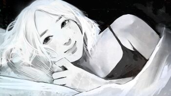 1girl angela_he bed black_tank_top bob_cut facing_viewer game_cg greyscale head_on_pillow highres i_woke_up_next_to_you_again large_variant_set looking_up lying monochrome non-web_source official_art on_side pillow short_hair smile solo spaghetti_strap tank_top under_covers upper_body variant_set white_hair