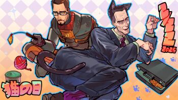 2boys absurdres animal_ears beard black-framed_eyewear black_hair briefcase brown_hair business_suit cat_boy cat_day cat_ears cat_tail checkered_background collared_shirt commentary facial_hair food formal_clothes g-man glasses gordon_freeman green_eyes half-life half-life_(series) half-life_2 heart hev_suit highres holding_cat_teaser ijust12kmsbro multiple_boys mustache necktie open_mouth paw_pose purple_necktie purple_socks shirt simple_background sitting smile socks suit symbol-only_commentary tail yarn yarn_ball