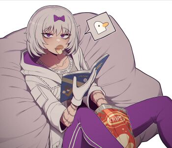 1girl absurdres blush book calvin_klein chips_(food) commentary_request food gloves grey_hair highres jacket kira_(project_moon) korean_commentary limbus_company misg1111 pants pillow project_moon purple_eyes reading ribbon short_hair sitting speech_bubble white_background white_hair