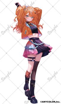 1girl arm_behind_head arm_up asymmetrical_legwear black_boots black_gloves black_thighhighs boots closed_mouth commentary_request fingerless_gloves full_body gloves highres igarashi_rika jacket kneehighs long_hair long_sleeves looking_at_viewer midriff mismatched_legwear multicolored_hair multicolored_skirt nijisanji official_art open_clothes open_jacket orange_hair orange_socks sa-ya2 sample_watermark simple_background skirt socks solo standing streaked_hair thighhighs uneven_legwear virtual_youtuber watermark white_background white_hair