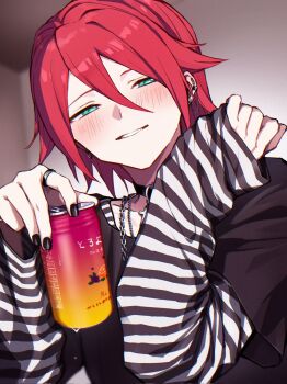 1boy black_choker black_nails black_shirt blush can chain chain_necklace choker commentary condensation ear_piercing green_eyes hair_between_eyes hair_flaps highres holding holding_can inazuma_eleven inazuma_eleven_(series) jewelry kiyama_hiroto layered_sleeves long_sleeves looking_at_viewer male_focus nail_polish necklace parted_lips piercing red_hair ring shirt sleeves_past_wrists solo striped_clothes striped_shirt upper_body x_inaire_00