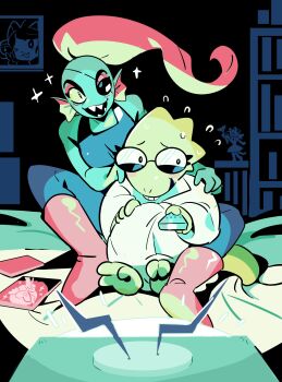 2girls absurdres alphys blue_pants blue_skin bookshelf boots buck_teeth colored_skin controller excited eyepatch fins flying_sweatdrops full_body glasses gogeyama hands_on_another's_shoulders head_fins highres holding holding_remote_control indoors knee_boots multiple_girls nervous one_eye_covered pants pink_boots pink_hair remote_control sitting sparkle teeth television undertale undyne utdr_(toby_fox) watching_television yellow_skin