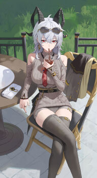 1girl absurdres ahoge bag bare_shoulders black_horns black_jacket black_nails black_thighhighs chair clothing_cutout commentary cup curled_horns disposable_cup dress drinking_straw drinking_straw_in_mouth earrings elbow_rest feet_out_of_frame folding_chair grey_dress grey_shorts hair_between_eyes handbag highres holding holding_cup horns jacket jewelry llami_0 long_hair long_sleeves looking_at_viewer nail_polish necktie official_alternate_costume red_eyes red_necktie shorts shoulder_cutout sitting solo sweater sweater_dress thighhighs thighs unworn_jacket white_bag wuthering_waves zani_(downtown_repose)_(wuthering_waves) zani_(wuthering_waves)