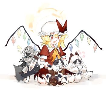 1girl armor ascot blonde_hair breastplate cat closed_eyes closed_mouth collared_shirt commentary crossover crt599 crystal crystal_wings cup english_commentary felyne flandre_scarlet hat helmet highres holding holding_cup knife mob_cap monster_hunter_(series) multicolored_wings open_mouth petting player_palico red_eyes red_shirt red_skirt shield shirt sitting skirt skirt_set smile teacup touhou unworn_hat unworn_headwear weapon weapon_on_back white_hat wings yellow_ascot