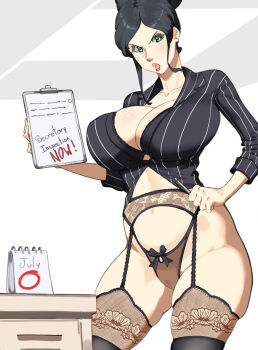 Rule 34 | 1girl, 2025, alternate costume, alternate hairstyle, aqua eyes, black hair, black shirt, breasts, calendar, clipboard, collarbone, collared shirt, cowboy shot, english text, garter straps, hard.d, highres, holding, holding clipboard, holding pen, huge breasts, linea alba, lipstick, long hair, looking at viewer, makeup, navel, nico robin, no pants, one piece, open mouth, pen, red lips, secretary, shiny skin, shirt, solo, striped shirt, thighhighs, vertical-striped clothes, vertical-striped shirt