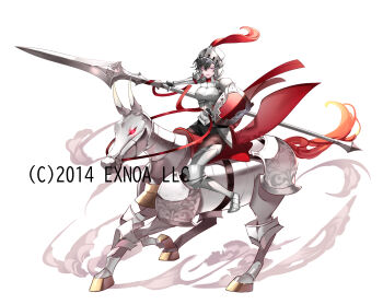 1girl armor armored_boots black_hair black_shorts boots breastplate brown_pantyhose character_request closed_mouth earrings fake_horns full_body gauntlets glowing glowing_eye hair_between_eyes hand_on_own_hip helmet highres holding holding_weapon horns horse horseback_riding jewelry looking_at_viewer official_art oshiro_project:re pantyhose pantyhose_under_shorts plume purple_eyes red_eyes riding saddle shield short_hair short_shorts shorts simple_background smile smoke solo thighband_pantyhose weapon weapon_request white_background yuuki_kira