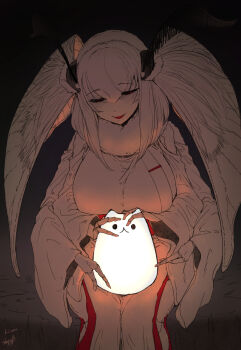 1girl antennae arthropod_girl black_sclera blush breasts colored_sclera colored_skin extra_arms fewer_digits fur_collar highres holding huge_breasts illumination insect_girl insect_wings lamp long_sleeves mashiro_(solopipb) monster_girl moth_girl moth_wings open_mouth original red_eyes signature sitting solo solopipb white_hair white_skin wide_sleeves wings