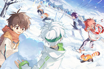 >_< 5boys :d black_jacket black_pants blonde_hair brown_eyes brown_hair brown_scarf child commentary_request day green_headband headband in_the_face jacket koe_(mixpi) male_focus mountainous_horizon multiple_boys open_mouth original outdoors pants power_lines purple_hair red_hair scarf shirt sky smile snow snowball snowball_fight snowman tanuki white_hair white_jacket white_pants white_shirt winter
