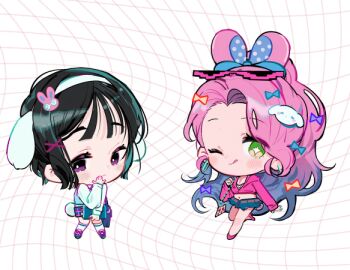 2girls ;p alien_stage animal_ears bag black_hair blue_hair blue_shoes book bow capybara_roll chibi chibi_only cinnamoroll commentary cropped_hoodie denim denim_shorts eyewear_on_head fuwa_fuwa_cinnamoroll gradient_hair green_eyes hair_bow hair_ornament hairband holding holding_book hood hoodie mizi_(alien_stage) multicolored_hair multiple_girls navel one_eye_closed pink_hoodie pink_shoes purple_eyes rabbit_ears sanrio shirt shoes shorts shoulder_bag sua_(alien_stage) sunglasses symbol-only_commentary tongue tongue_out two-tone_hair white_hairband white_shirt white_shoes x_hair_ornament yellow_bag