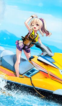 1girl ;d arm_up blonde_hair blue_background commentary_request fate/grand_order fate_(series) full_body game_cg hair_ornament hair_scrunchie hiroyama_hiroshi illyasviel_von_einzbern illyasviel_von_einzbern_(over_the_same_sky) life_vest long_hair official_art one-piece_swimsuit one_eye_closed open_mouth photo_background ponytail purple_one-piece_swimsuit purple_scrunchie red_eyes scrunchie sidelocks smile solo splashing standing swimsuit third-party_source water watercraft