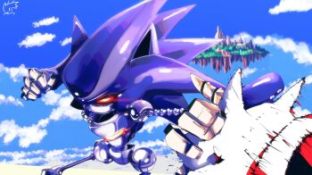 Rule 34 | 2boys, battle, clenched hand, commentary, day, english commentary, gloves, highres, in-universe location, knuckles the echidna, male focus, mecha sonic mkii, multiple boys, outdoors, pov, red eyes, robot, sonic &amp; knuckles, sonic (series), sonic the hedgehog (classic), uug naa, white gloves