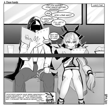 1boy 1girl animal_ears apis_mellifera arknights blunt_bangs bread commentary doctor_(arknights) english_text food glass hair_ornament highres hood hooded_jacket jacket long_hair looking_at_viewer reading sitting table tail tail_around_another&#039;s_leg tail_wrap thick_eyebrows touching_tail twitter_username weedy_(arknights) window