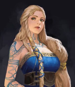 1girl asymmetrical_hair bare_shoulders black_background blonde_hair body_markings braid breasts cleavage closed_mouth collarbone god_of_war god_of_war_ragnarok green_eyes large_breasts lips long_hair looking_at_viewer mature_female medium_breasts phamoz sif_(god_of_war) simple_background solo