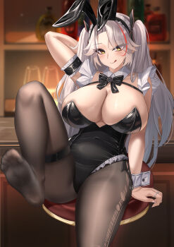 1girl :q absurdres azur_lane bar_(place) blurry blurry_background blush breasts cross feet highres huge_breasts iron_cross jewelry kaijiba licking licking_lips long_hair looking_at_viewer pantyhose playboy_bunny prinz_eugen_(azur_lane) ring shiny_clothes soles stool toes tongue tongue_out twintails white_hair yellow_eyes