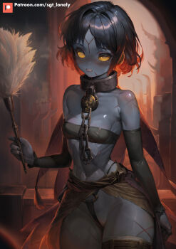 1girl alien bdsm black_hair blue_skin blush bondage bound breasts chain chain_leash clenched_teeth collar collarbone colored_skin crop_top duster elbow_gloves feather_duster fewer_digits gloves highres holding holding_duster leash looking_at_viewer midriff navel no_nose scar scar_on_face sgt_lonely short_hair slave small_breasts solid_eyes solo t&#039;au teeth thighhighs thong warhammer_40k