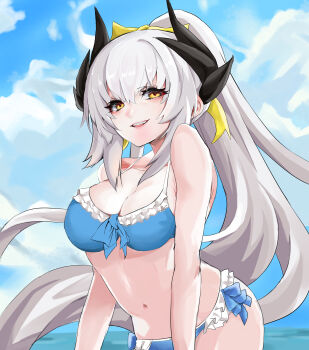1girl absurdres bikini blue_bikini blush breasts cleavage collarbone dragon_girl dragon_horns fate/grand_order fate_(series) hair_between_eyes highres horns kiyohime_(fate) kiyohime_(swimsuit_lancer)_(third_ascension)_(fate) long_hair looking_at_viewer medium_breasts multiple_horns navel official_alternate_costume official_alternate_hair_color open_mouth ponytail shiwa_(eda_mamui) smile solo stomach swimsuit very_long_hair white_hair yellow_eyes