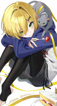 1boy animal animal_on_shoulder black_pantyhose blonde_hair cake cake_slice cat cat_on_shoulder commentary_request crossed_arms food fork fruit fuubuu green_eyes grey_cat hair_between_eyes hair_ornament hairclip happy_birthday highres holding holding_fork hood hood_down hoodie looking_at_viewer male_focus nijisanji official_alternate_costume pantyhose short_hair shorts simple_background sitting smile solo stirrup_legwear strawberry toeless_legwear uzuki_kou uzuki_kou_(5th_costume) virtual_youtuber white_background