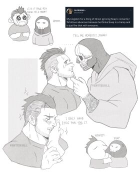 2boys arm_tattoo artist_name bara blush call_of_duty call_of_duty:_modern_warfare_2 closed_eyes couple english_text facial_hair ghost_(modern_warfare_2) hand_on_another&#039;s_face highres hood hood_up hoodie ives_navarro looking_at_another male_focus mask multiple_boys multiple_views muscular muscular_male shirt short_hair skull_mask soap_(modern_warfare_2) tattoo yaoi
