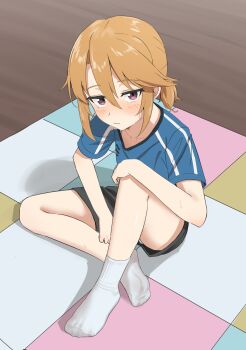 1girl absurdres blonde_hair blush feet highres idolmaster idolmaster_cinderella_girls long_hair looking_at_viewer losk purple_eyes shorts socks soles white_socks yuuki_haru