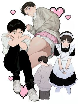 1boy absurdres alternate_costume apron arms_on_knees black_dress black_hair black_pants blue_eyes closed_mouth collared_dress collared_shirt commentary_request crossdressing crossdressing_(mtf) dress embarrassed enmaided frilled_apron frills grey_hoodie heart highres hood hood_down hoodie ikari_shinji invisible_chair knees_up maid maid_apron maid_headdress male_focus male_maid multiple_costumes multiple_views neon_genesis_evangelion pants pixel_art_inset school_uniform seeuagain5353 shirt shoes short_hair simple_background sitting skirt thighs tokyo-3_middle_school_uniform white_apron white_background white_shirt white_shoes