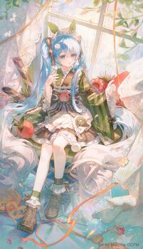 1girl apron black_skirt blue_eyes blue_hair commentary copyright_notice cracker curtains dessert donut flower food fruit glass gradient_hair green_kimono green_nails hair_ornament hair_ribbon hatsune_miku highres japanese_clothes kimono lace_curtains leaf_hair_ornament long_hair maccha_(mochancc) maid maid_headdress mini_person minigirl multicolored_hair official_art orange_ribbon pantyhose parted_lips plant pretzel raspberry ribbon second-party_source shoes sitting skirt sneakers snowflake_print solo strawberry strawberry_slice striped_clothes striped_kimono twintails very_long_hair vocaloid wa_maid wafer_stick white_pantyhose window yuki_miku