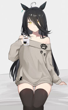 Rule 34 | 1girl, ahoge, animal ears, black thighhighs, coffee mug, commentary, cup, grey sweater, hair between eyes, highres, holding, horse ears, horse girl, horse tail, long bangs, long hair between eyes, long sleeves, looking at viewer, manhattan cafe (umamusume), mug, no pants, off-shoulder sweater, off shoulder, shuuzo3, simple background, sitting, sleeves past wrists, smile, solo, sweater, tail, thighhighs, umamusume, yellow eyes