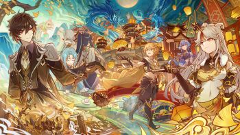 2boys 5girls absurdres aether_(genshin_impact) architecture azhdaha_(genshin_impact) beisht_(genshin_impact) bell black_hair blonde_hair blue_hair boots braid braided_ponytail breasts brown_hair brown_pants brown_shirt chinese_clothes closed_mouth cowbell csyday cup east_asian_architecture full_moon fur_collar ganyu_(genshin_impact) genshin_impact goat_horns grey_hair guizhong_(genshin_impact) hair_between_eyes hair_ornament hair_stick highres holding holding_smoking_pipe horns hoyofair lantern long_hair madame_ping_(genshin_impact) medium_breasts midriff mixed-language_commentary moon multicolored_hair multiple_boys multiple_girls navel neck_bell ningguang_(genshin_impact) open_mouth pants paper_lantern ponytail purple_eyes red_eyes saucer shirt smoking_pipe streaked_hair teacup teapot very_long_hair vision_(genshin_impact) white_hair xianyun_(genshin_impact) yellow_eyes zhongli_(genshin_impact)