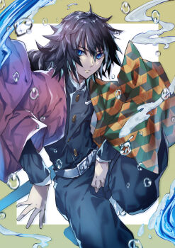 1boy belt black_hair black_jacket black_pants blue_eyes buttons closed_mouth commentary_request demon_slayer_uniform gold_buttons hair_between_eyes haori high_collar highres jacket japanese_clothes kasumi_komo kikkoumon kimetsu_no_yaiba long_hair looking_at_viewer low_ponytail male_focus pants ponytail print_haori red_haori scabbard sheath solo spiked_hair tomioka_giyuu water white_belt