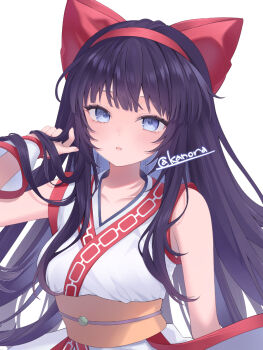 1girl ainu_clothes arm_behind_back arm_up artist_name blue_eyes breasts hair_ribbon highres legs long_hair looking_at_viewer medium_breasts nakoruru pants parted_lips purple_hair ribbon samurai_spirits snk solo the_king_of_fighters thighs tongue