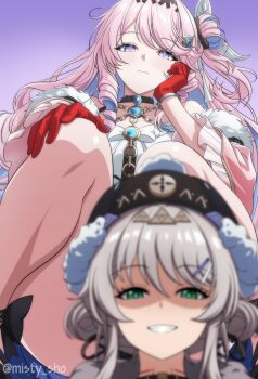 2girls bare_shoulders black_bow black_panties blue_hair bow breasts brown_hair chain closed_mouth colored_inner_hair commentary_request convenient_censoring convenient_head denia_(wuthering_waves) gloves green_eyes grin hair_bow hair_ornament hand_on_own_knee highres long_hair looking_at_viewer makiri_akira medium_breasts multicolored_hair multiple_girls nivora_(wuthering_waves) paid_reward_available panties partial_commentary pink_hair purple_background purple_eyes red_gloves shaded_face smile twitter_username underwear wuthering_waves