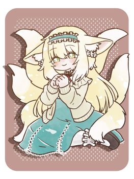 1girl animal_ears arknights blonde_hair cardigan commentary_request fox_ears fox_girl fox_tail frilled_hairband frills green_eyes hairband highres kitsune kyuubi long_hair long_sleeves multiple_tails neck_ribbon nunnuje_a_u_e official_alternate_costume one-hour_drawing_challenge open_cardigan open_clothes ribbon shoes skirt solo suzuran_(arknights) suzuran_(spring_praise)_(arknights) tail yellow_cardigan