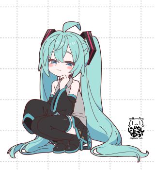 1girl ahoge artist_name belt black_thighhighs blue_eyes blue_hair blue_necktie blush boots collar collarbone colored_eyebrows detached_sleeves grey_shirt grid_background hair_spread_out hand_on_own_chin hatsune_miku highres long_hair looking_at_viewer low_twintails necktie parted_bangs shirt signature simple_background single_sleeve_past_fingers skirt sleeveless sleeveless_shirt smug solo square_hair_ornament thigh_boots thighhighs twintails very_long_hair vocaloid white_background wide_sleeves yagidon zettai_ryouiki